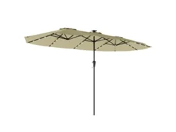 Chapéu de sol duplo com 36 luzes LED solares, 4x2 m, manivela, bege