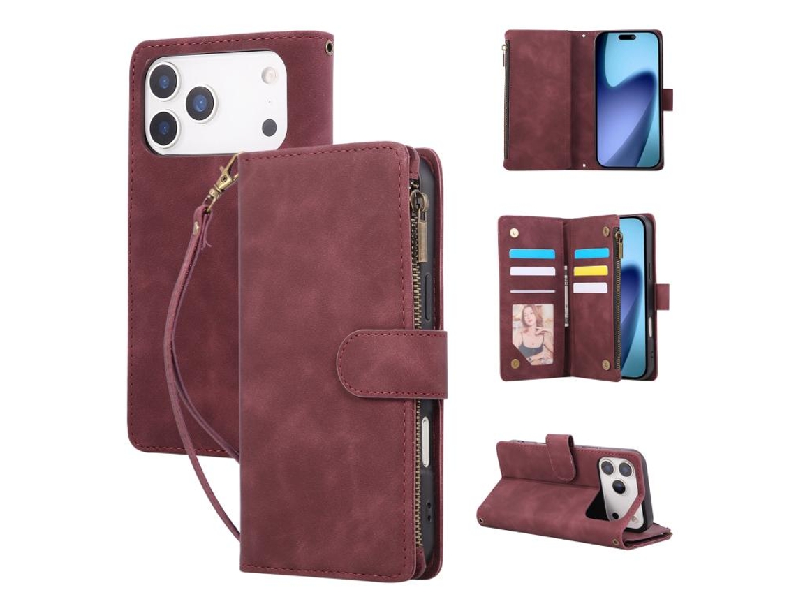Capa Para Iphone 17 Pro - Couro Com Vários Compartimentos Multifuncionais Para Cartões