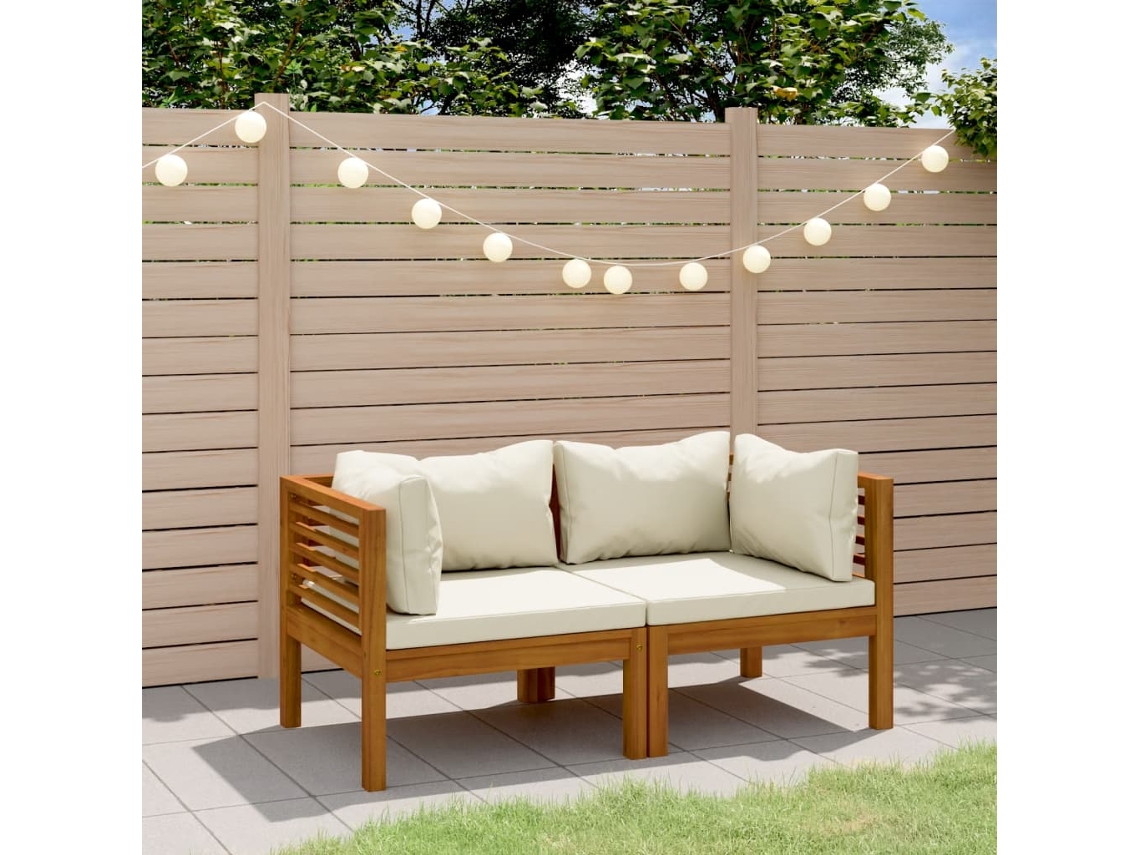 Banco De Jardim 2 Lugares C/ Almofadões Cor Creme Acácia Maciça Dkd Home Decor
