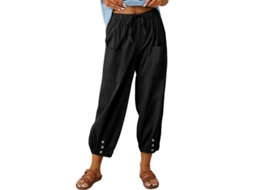2026 pantalones de Linho Soltos para Mulher Verão com Bolsos Calças Lantern Amplo S Negro