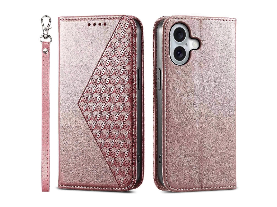 Capa Tipo Carteira Para Iphone 16, Capa De Couro Sintético Com Textura De Bezerro E Alça
