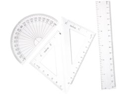 Conjunto de 4 réguas matemáticas transparentes de plástico, incluindo réguas de linha e de transferência, para material escolar.