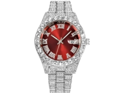 Strass Hip Hop Gypsophila Bling Relógio de Pulso Gelado-Vermelho Prateado