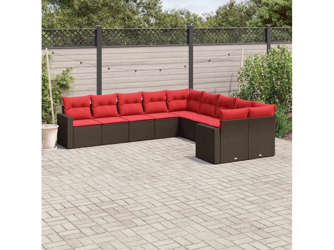 Vidaxl 10 Pcs Conj. Sofás Jardim Com Almofadões Vime Pe Castanho