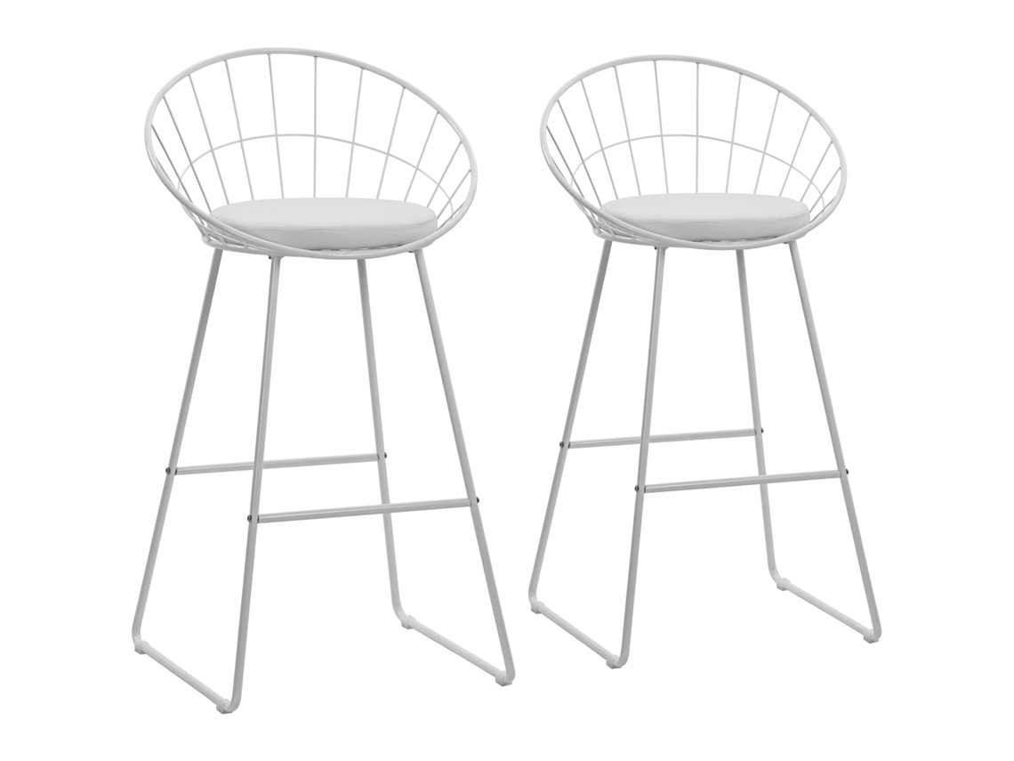 Lote de 2 Bancos de Bar 75cm em Metal Branco e Almofada Branca Alex HAPPY GARDEN