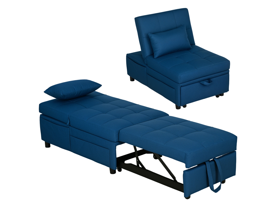 Poltrona Dobrável 3 em 1 com Bolso Lateral, Cama de Hóspedes com Almofadas, Encosto Ajustável, Poltrona com Rodas, Azul pt