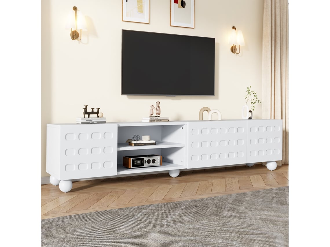 Móvel Baixo Branco Para Tv 200×40×44 Cm Com Três Portas Estampadas E Cinco Pés, Compatível Com Tvs De Até 80 Polegadas Para Sala De Estar.
