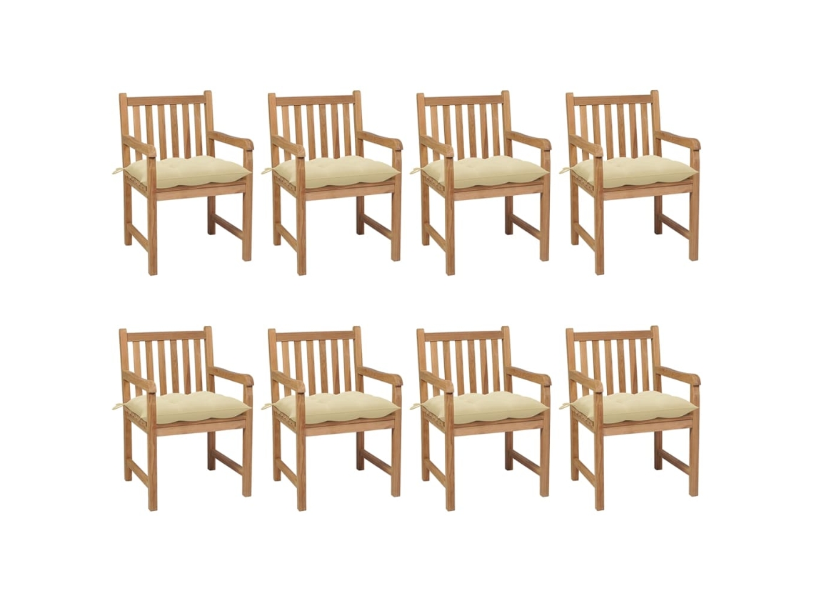 Vidaxl Cadeiras De Jardim C/ Almofadões Branco Nata 8 Pcs Teca Maciça