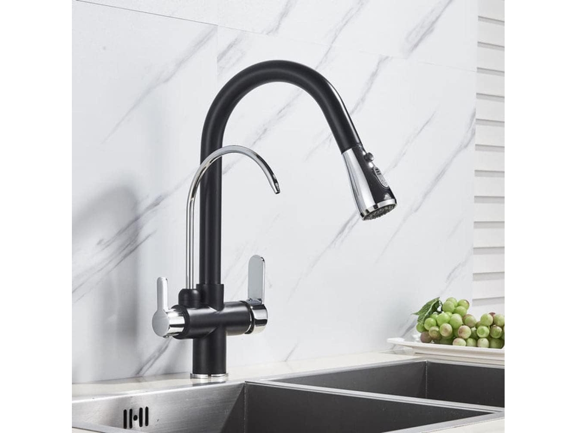 Misturador De Água Purificada Com Filtro Extraível Para Torneira De Cozinha 2/3, Nas Cores Dourado/preto/cromado.