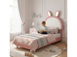 Cama De Solteiro Estofada Com Cabeceira De Coelho E Luz Led Pu 90x200 Cm Rosa E Branco