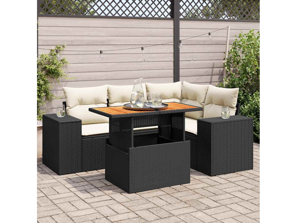 Vidaxl 5 Pcs Conjunto Sofás de Jardim com Almofadões Vime Pe Preto