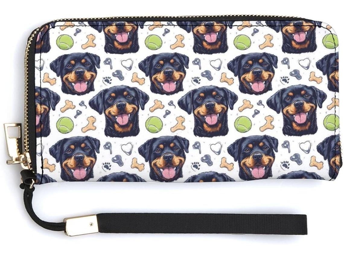 Carteira feminina de couro pequena com fecho zíper estampa de Rottweiler EOOCOO
