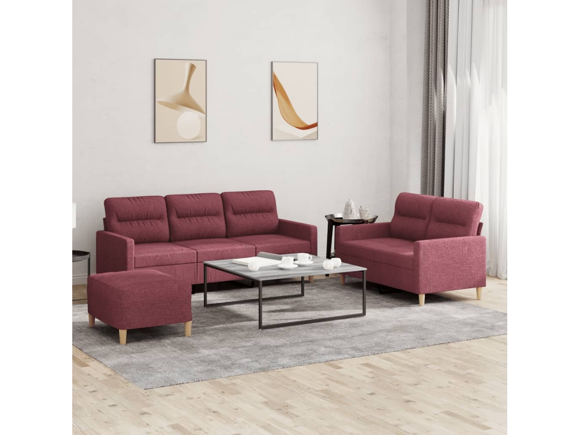 Vidaxl 3 Pcs Conjunto De Sofás Com Almofadões Tecido Vermelho Tinto