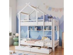 Beliche com gavetas e prateleiras, cama de casa com escada retangular de três degraus, cama infantil com proteção contra quedas e guarda-corpo