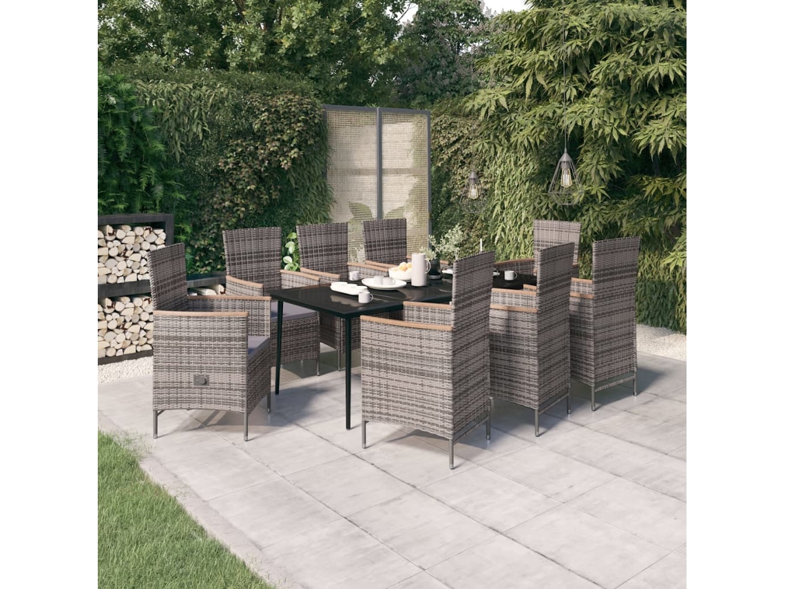 Vidaxl 9 Pcs Conjunto De Jantar Para Jardim Com Almofadões Cinza