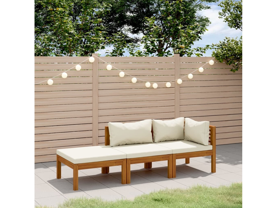 3 Pcs Conjunto Lounge Jardim C/ Almofadões Creme Acácia Maciça Dkd Home Decor