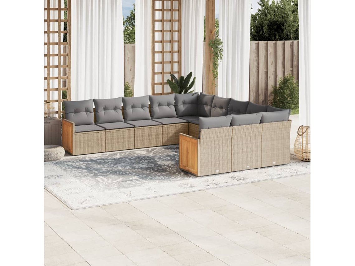 Vidaxl 11 Pcs Conjunto Sofás De Jardim C/ Almofadões Vime Pe Bege