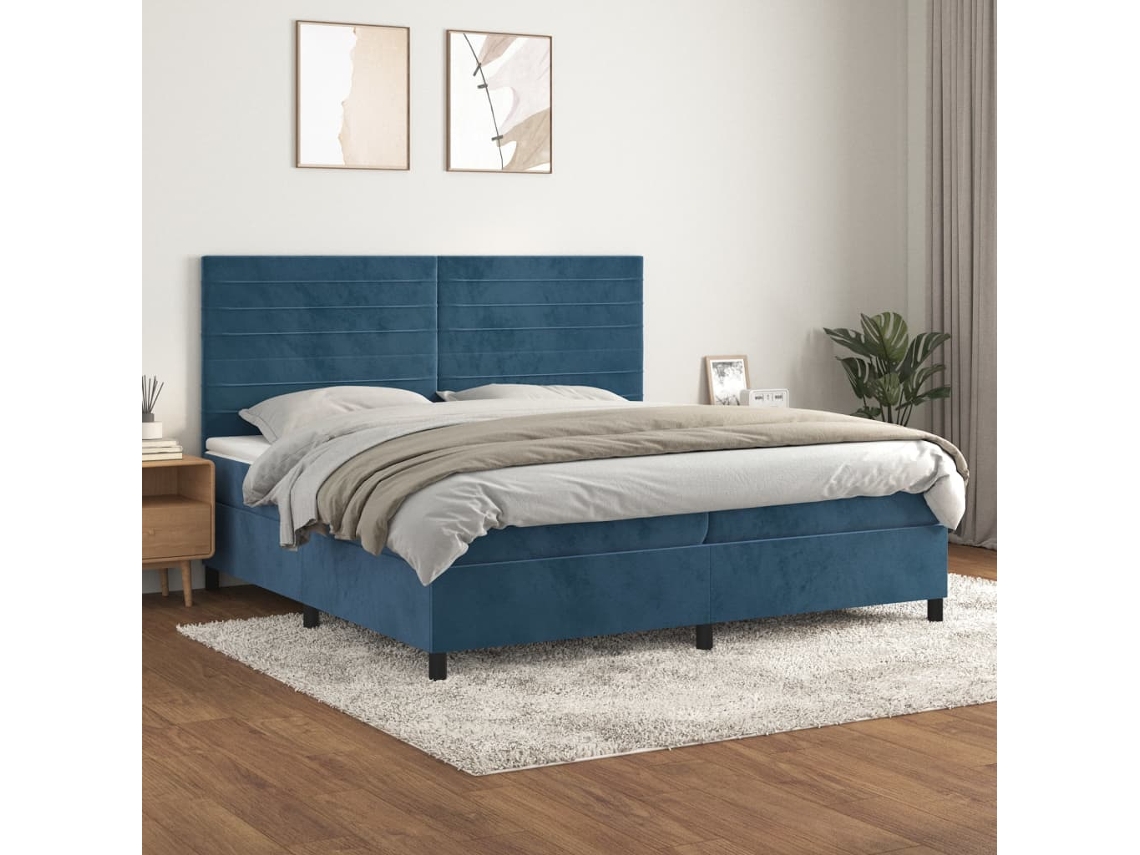 Cama Com Molas/colchão 200x200 Cm Veludo Azul-escuro