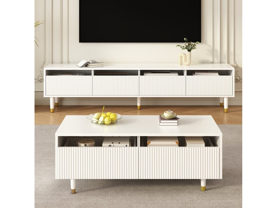 Conjunto De Móveis Led - Estante De Tv Com 4 Portas E Mesa De Centro Com 2 Gavetas - Branco Com Design Dourado