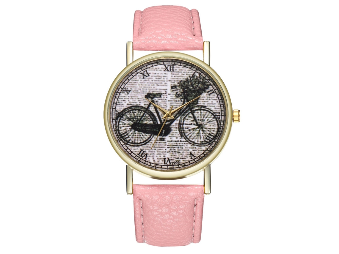 Relógio casual moderno para homens e mulheres, com design de bicicleta e pulseira de couro rosa.