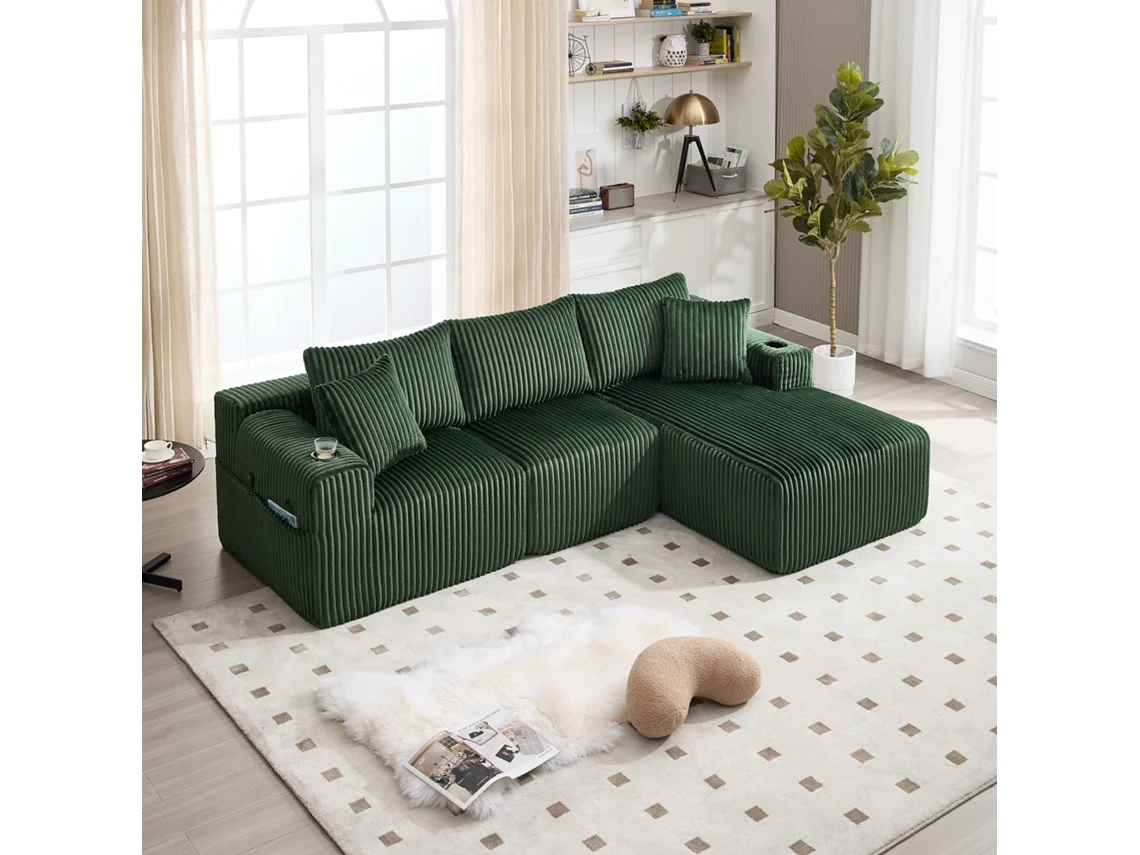 Conjunto Modular Chaise + 2l Veludo Cotelê, 5 Almofadas.-kd