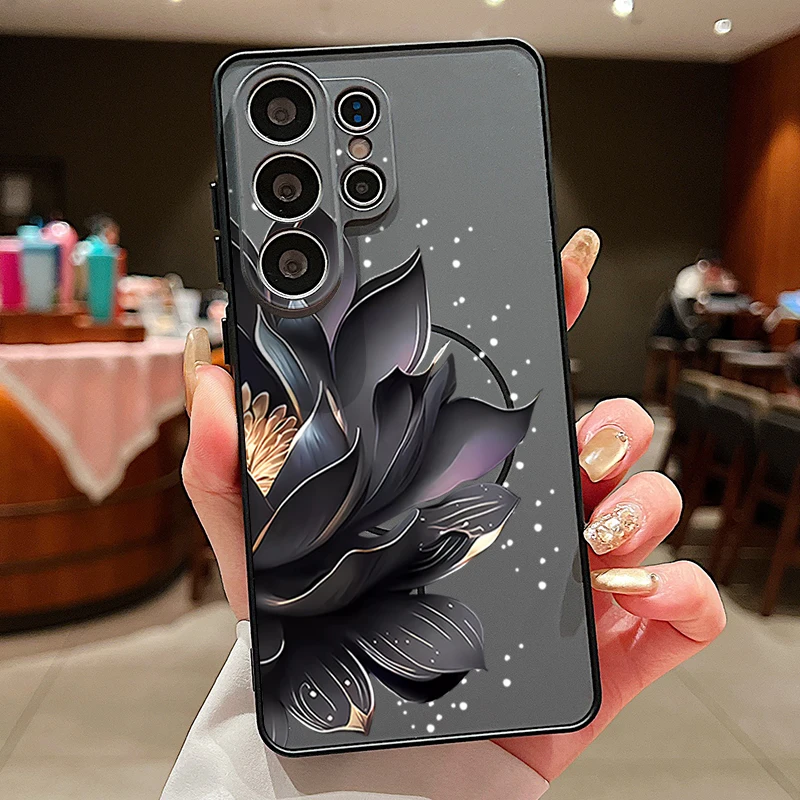 (preto) Capa Magnética Para Celular Galaxy S23 Com Estampa Floral Rosa