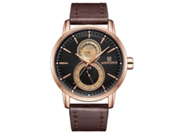 Relógio de pulso masculino Naviforce em couro, quartzo, resistente à água até 3 ATM, rosa/marrom