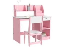Secretária Infantil Ergonómica Com Cadeira Teclado Deslizante Gaveta Nichos Prateleiras Abertas 90x45x90 cm Rosa, Estudo Criança