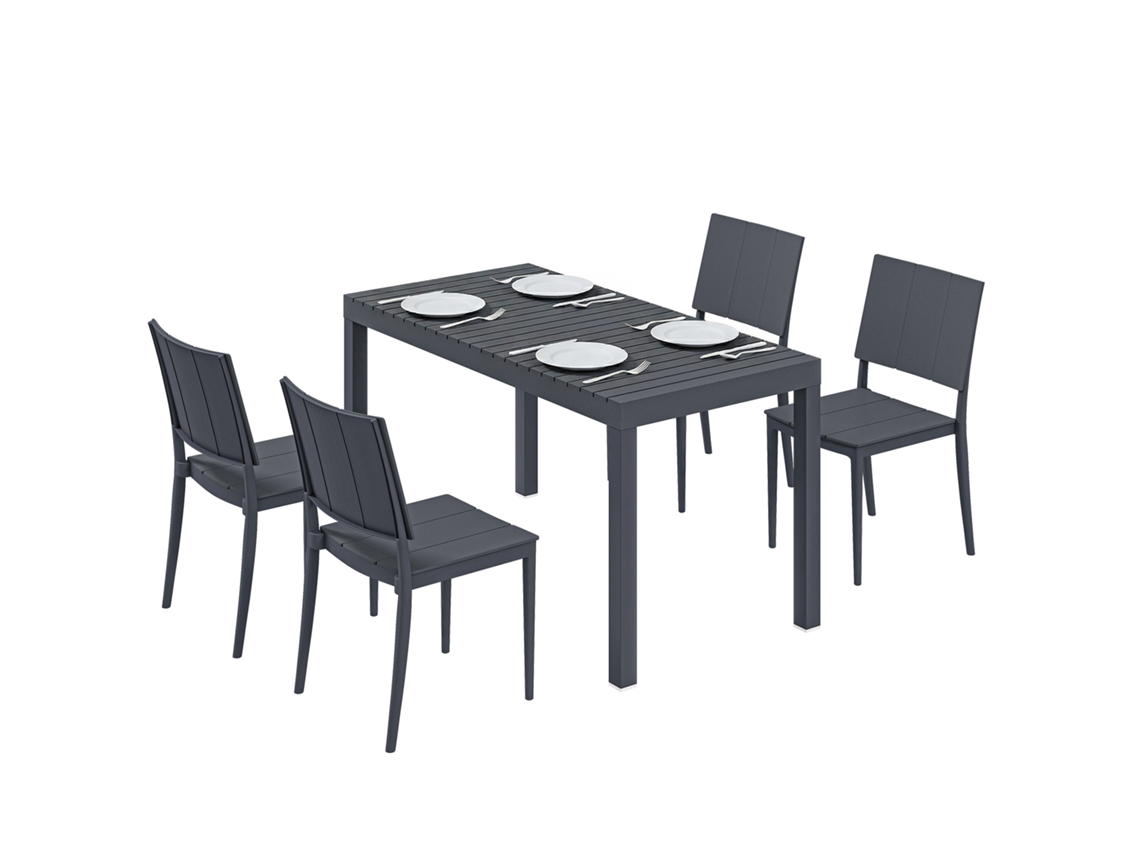 Mesa e Cadeiras de Jardim Pátio S/MARCA cinza, com mesa de ranhuras, 4 cadeiras empilháveis