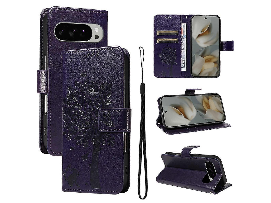 Capa De Celular De Couro Com Padrão De Árvore E Gato Em Relevo