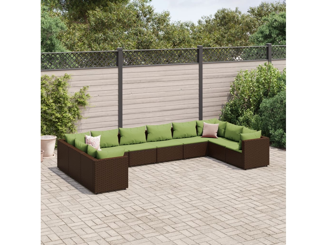 Vidaxl 10 Pcs Conjunto Lounge Jardim C/ Almofadões Vime Pe Castanho