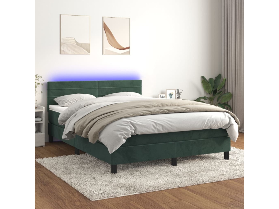 Cama Box Spring C/ Colchão/led 140x190 Cm Veludo Verde-escuro