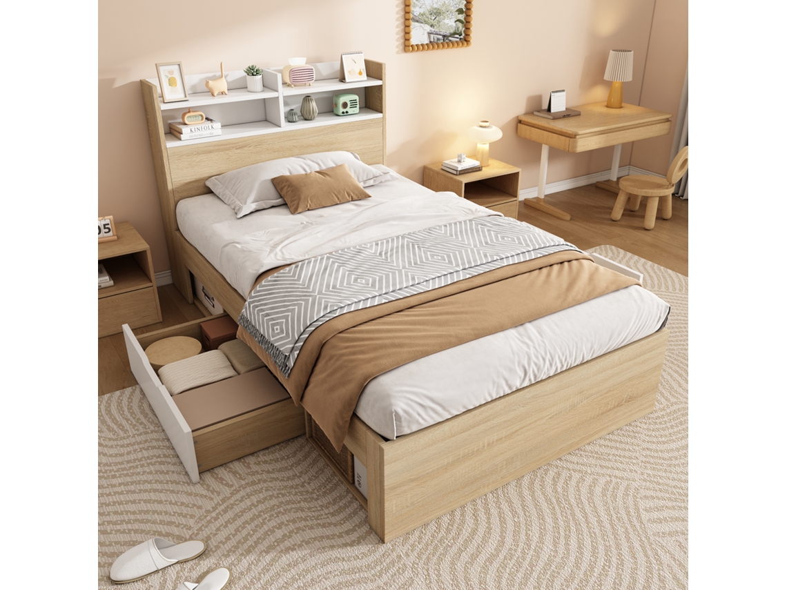 Cama Individual 90x190 Branco/carvalho Com Gavetas E Prateleiras