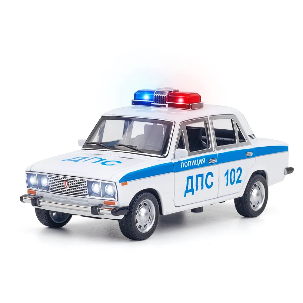 (branco) Miniatura De Carro De Polícia Em Escala 1/24, Feita Em Metal Fundido, Com Efeitos De Som E Luz, Um Presente Para Crianças.