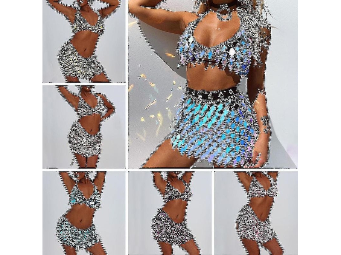 Biquíni azul com lantejoulas e corrente corporal de franjas, modelo 2026, ideal para festas rave e boates.