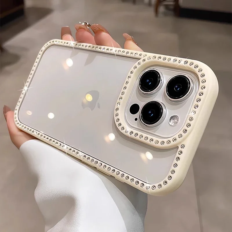 Capa Transparente Para Celular (iphone 14, Branca) Com Strass Brilhantes, Proteção Contra Impactos E Estrutura Rígida De Acrílico.