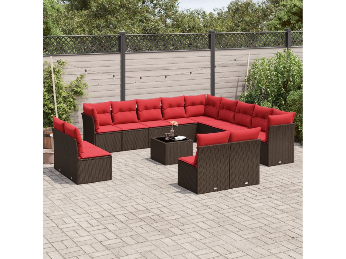 Conjunto de sofá de jardim Vidaxl com 14 peças e almofadas em rattan sintético marrom