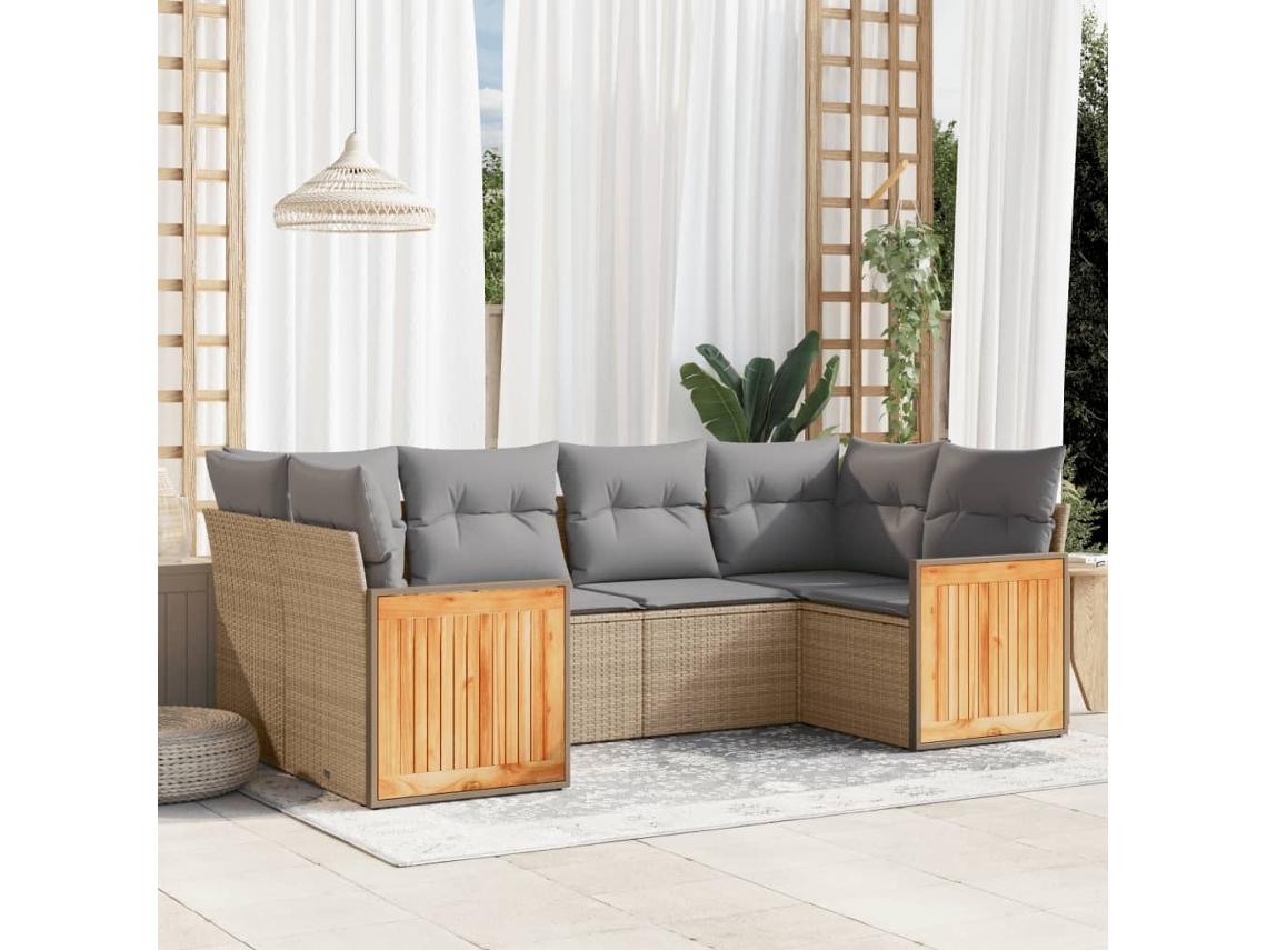 Vidaxl 6 Pcs Conjunto De Sofás P/ Jardim Com Almofadões Vime Pe Bege
