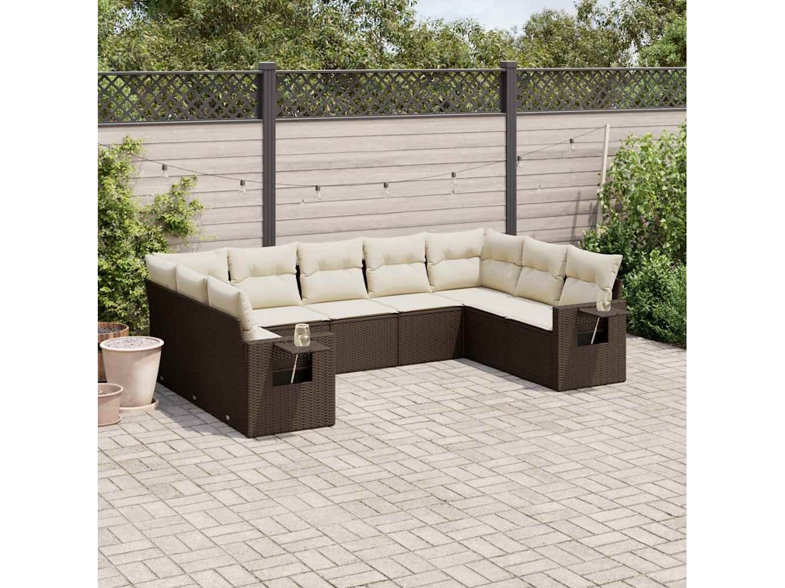 Vidaxl 9 Pcs Conjunto Sofás P/ Jardim C/ Almofadões Vime Pe Castanho