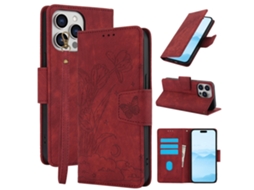 Capa Em Couro Pu, Padrão De Flor E Borboleta Para Apple Iphone 16 Pro Max - Vermelho