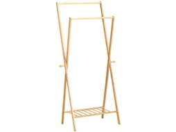 Suporte Para Cabides De Bambu Porta Com Prateleira Para Sapatos 2 Barras E 2 Ganchos Para Corredor Entrada Dormitório 74x42x150 Cm Madeira