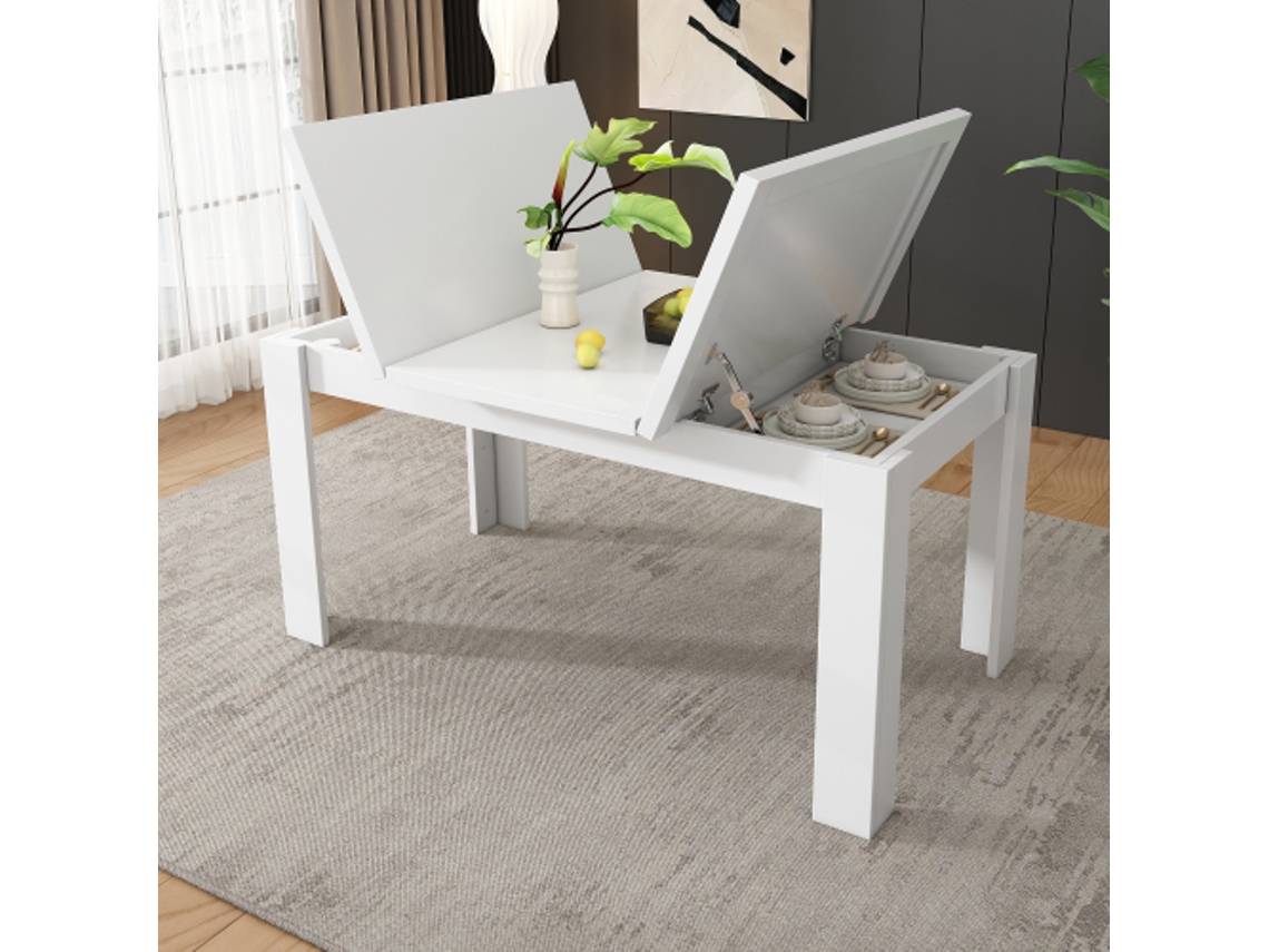 Mesa de Jantar 120x70cm com Espaço de Armazenamento, Mesa Retangular Multifuncional, Branca