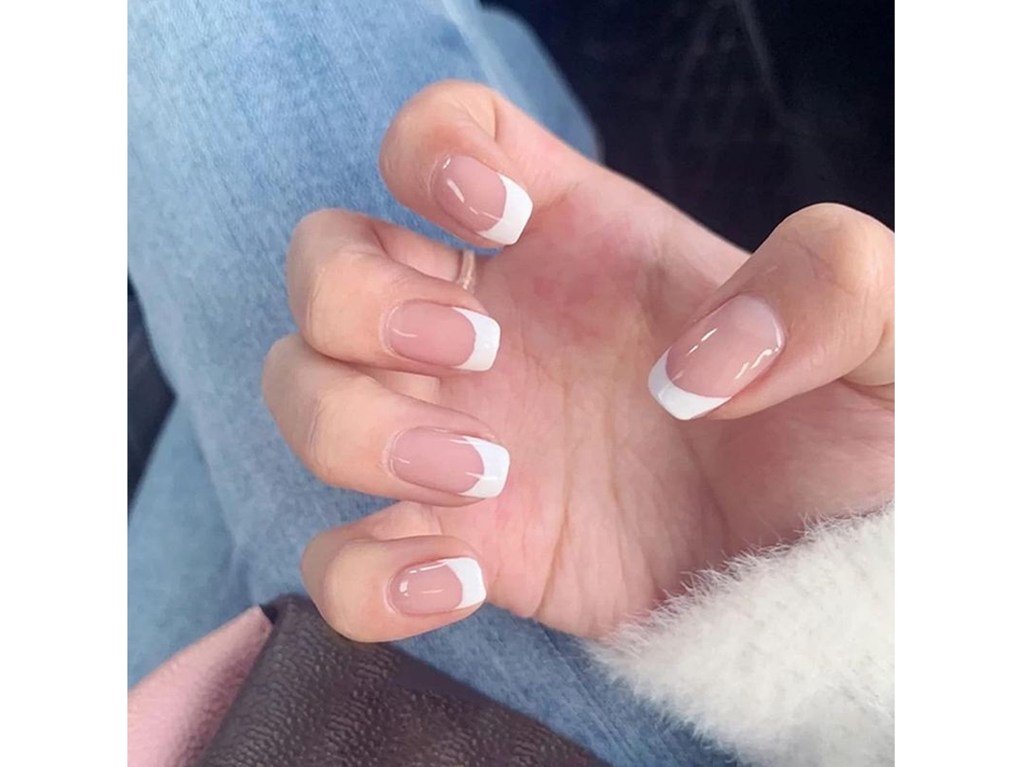 Unhas Falsas French Nude, 48 Peças com 12 Tamanhos Diferentes e Cola Gel para Manicure