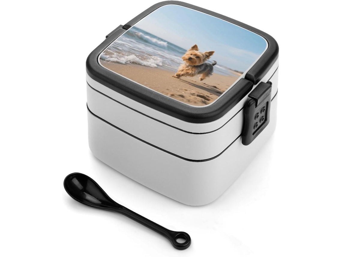 Lancheira Bento Empilhável Com Estampa De Yorkshire Terrier Na Praia, Com Tampas, Térmica, À Prova De Vazamentos, 2 Compartimentos