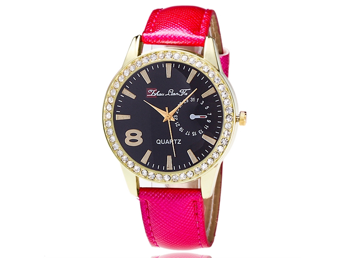 Relógio Feminino Zhoulianfa de Quartzo com Mostrador Redondo e Strass Cor Rosa Vermelha