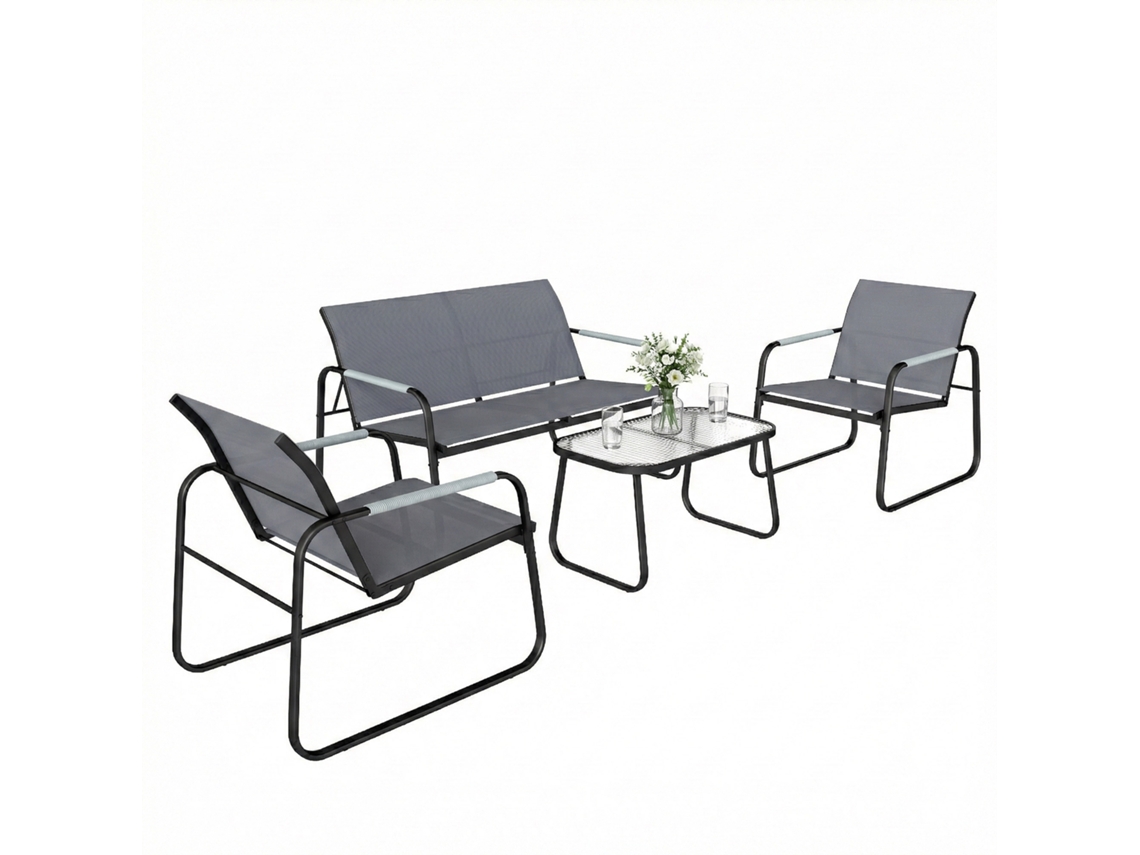 Conjunto de Jardim LAMAISON com Sofá, 2 Poltronas e Mesa de Vidro, Cinza