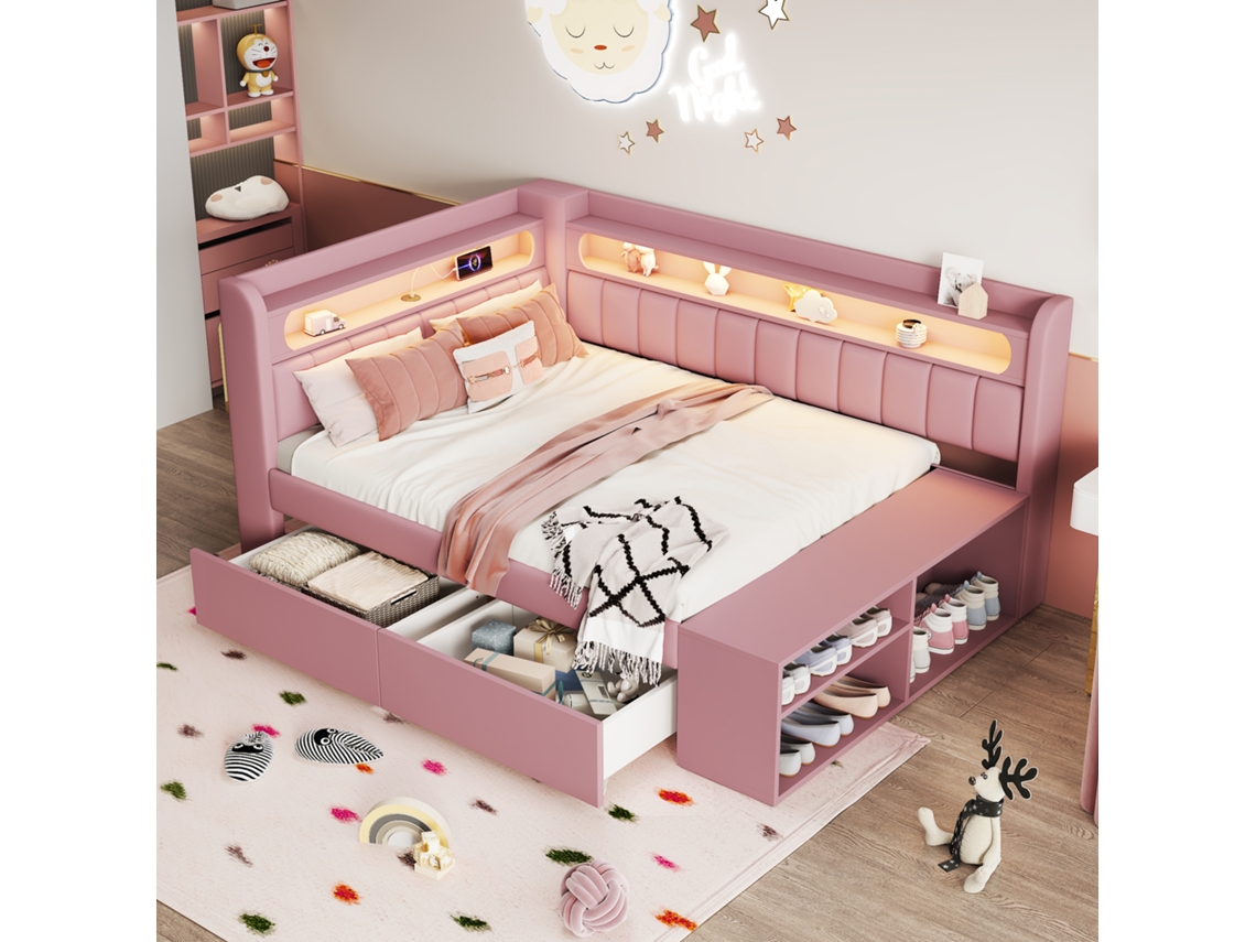 Canapé-rembourré Iluminado 90x200 Cm Rosa Con Puerto Usb, Banda Led, Mueble Con Zapatos Y Dos Tiroirs De Gama