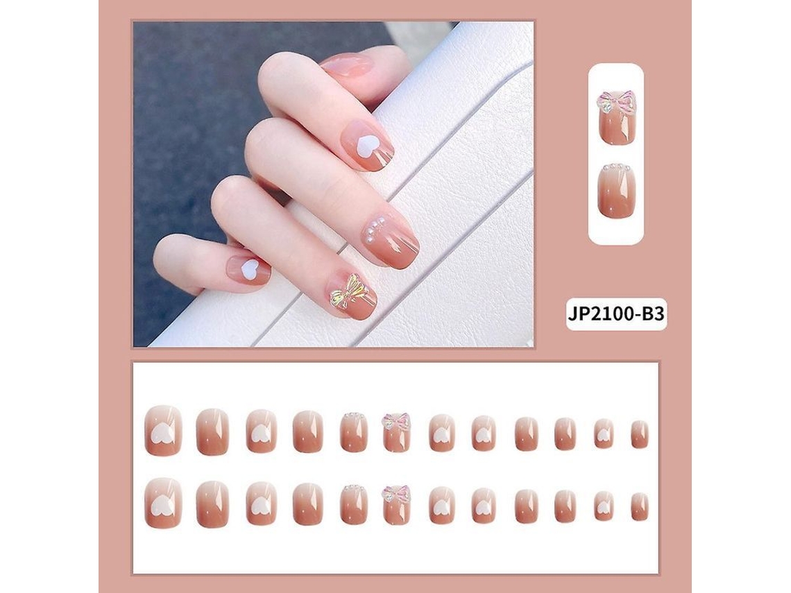 Dicas de Unhas Falsas Artificiais Diy Coração Laço Removíveis À Prova D'água Curtas 24pcs