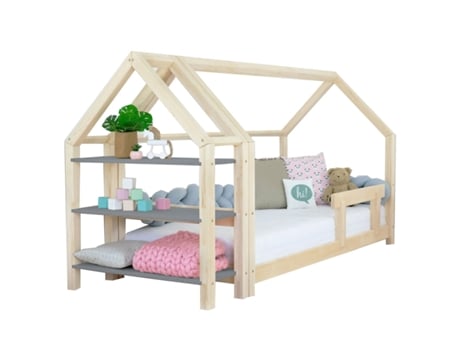 Cama Cabana Com Prateleira 90 X 190 Natural e Cinzento BENLEMI