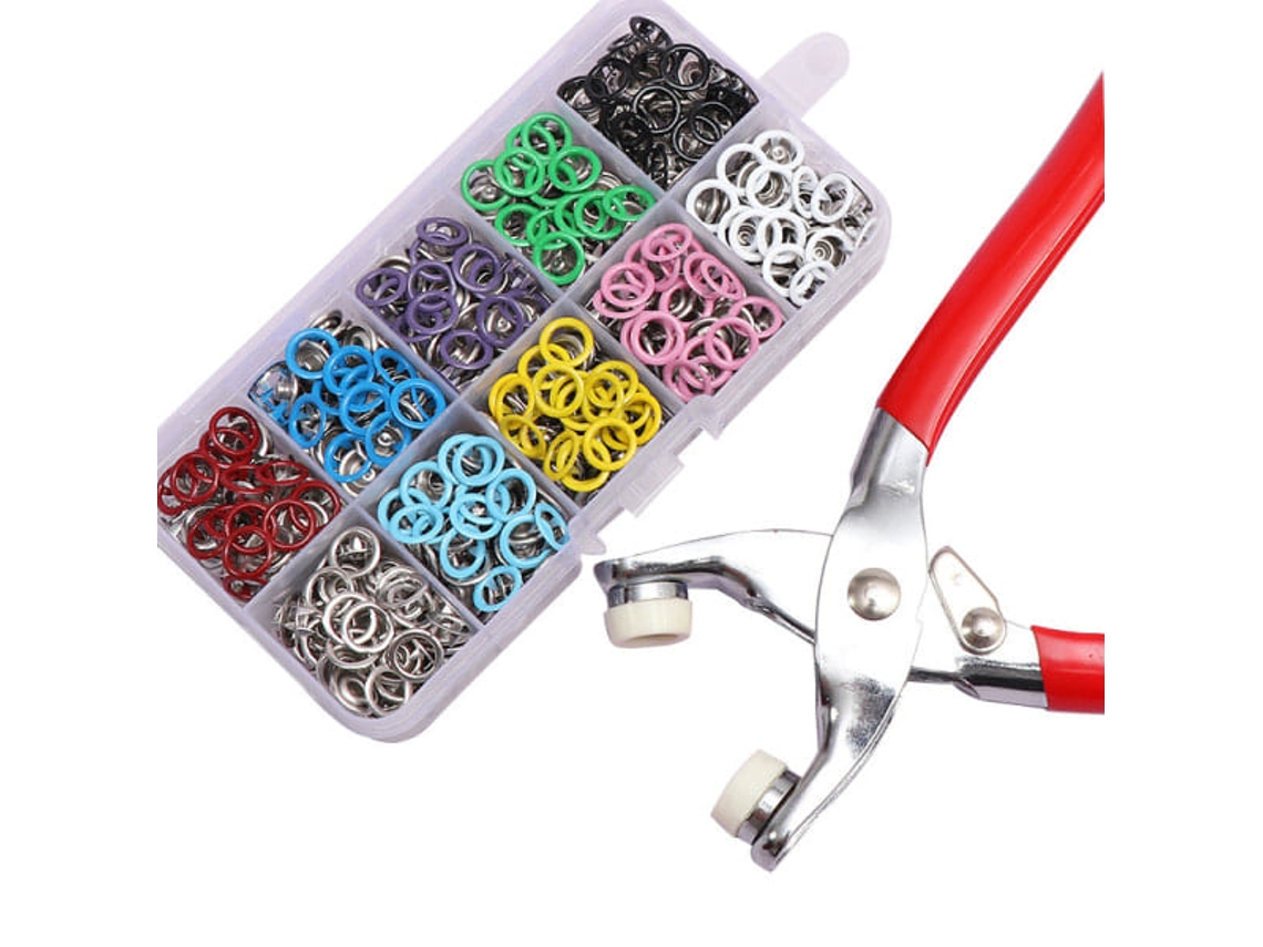 Conjunto de 100 Fechos de Pressão com Ferramenta, 9,5 Mm, Multicoloridos. AQUAFORGE